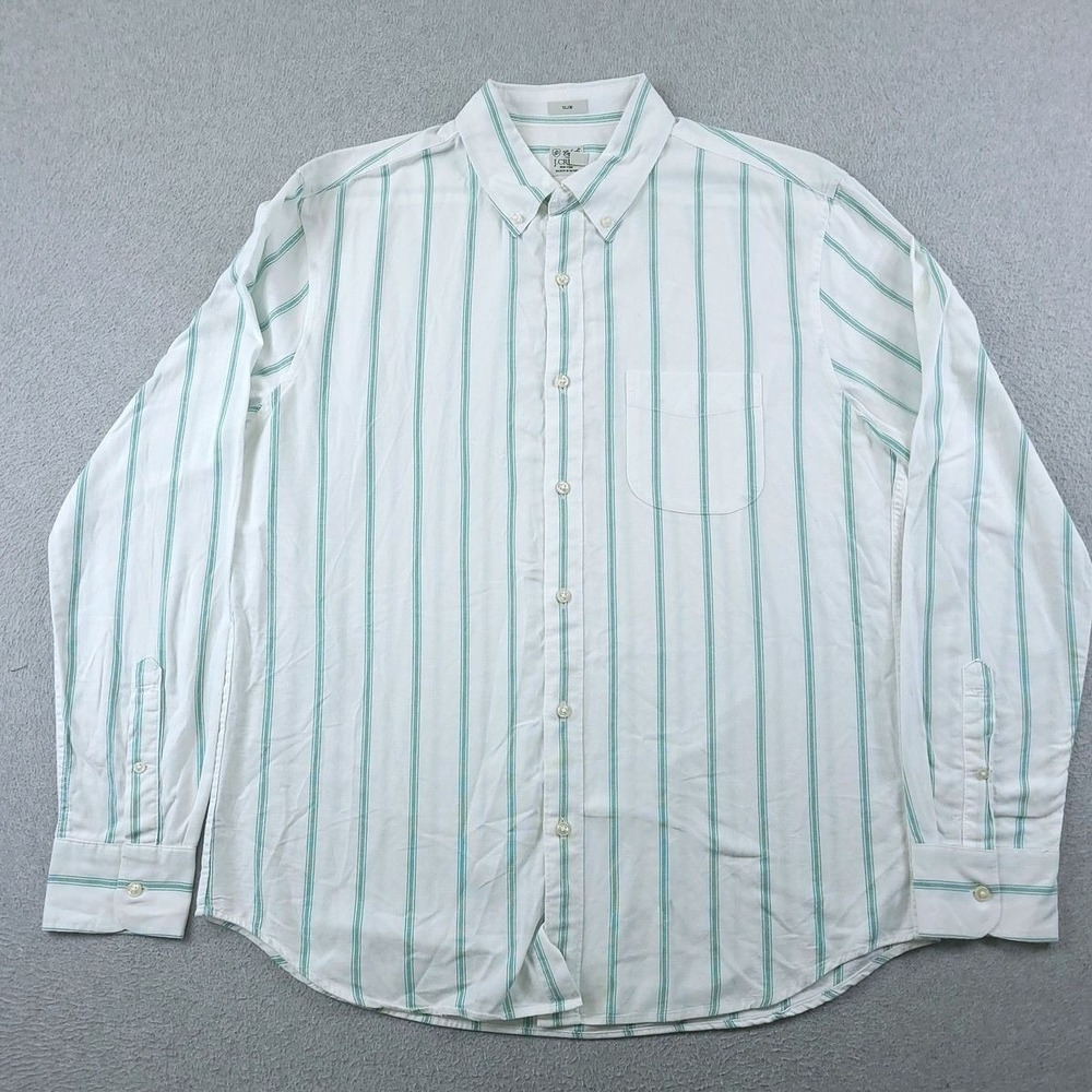 J.Crew Shirt Mens Large White Green Striped Slim Broken-in Oxford Button Down